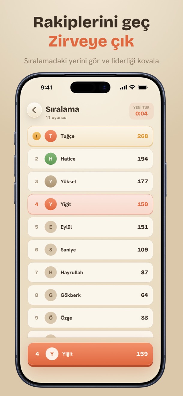 Kelime Dünyası sıralama ekranı