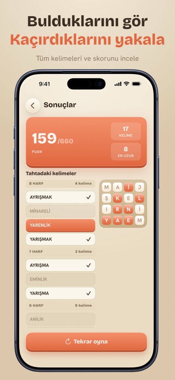 Kelime Dünyası sonuç ekranı